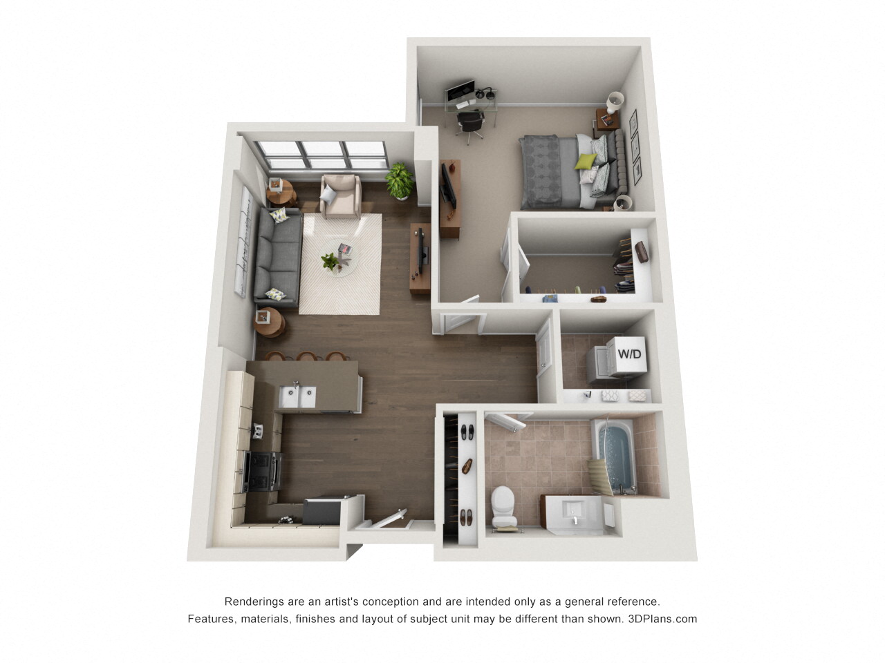 Floor plan for 1 bed, 1 bath, 844 sqft